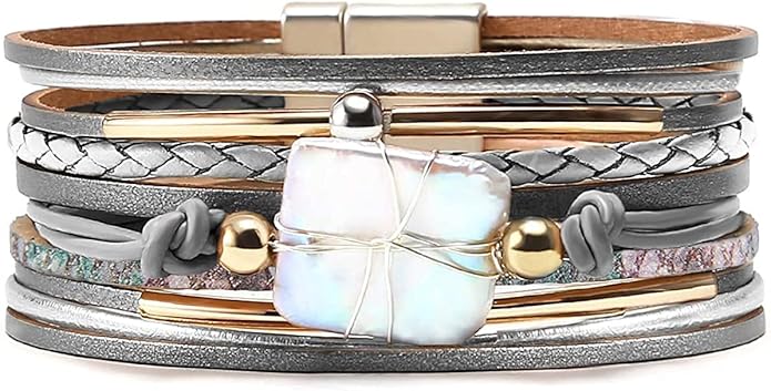 Fesciory Leopard Bracelet for Women, Boho Leather Wrap Multi-Layer Pearl Crystal Bracelet Bangle Jewelry