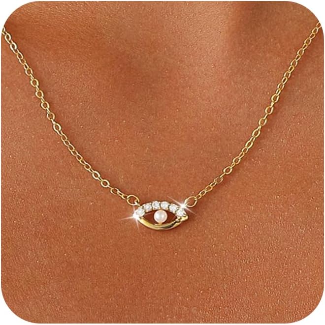 Evil Eye Necklace for Women,Dainty 14K Gold/Sterling Silver Plated Evil Eye Pendant Necklace Tiny Boho CZ Diamond Necklace Cute Trendy Lucky Protection Jewelry Gift for Women
