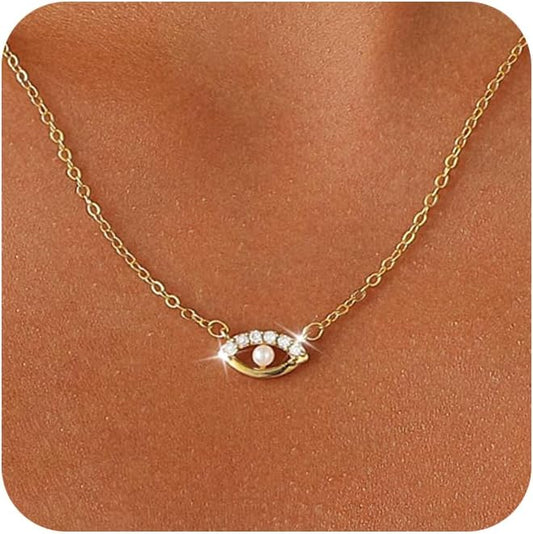 Evil Eye Necklace for Women,Dainty 14K Gold/Sterling Silver Plated Evil Eye Pendant Necklace Tiny Boho CZ Diamond Necklace Cute Trendy Lucky Protection Jewelry Gift for Women