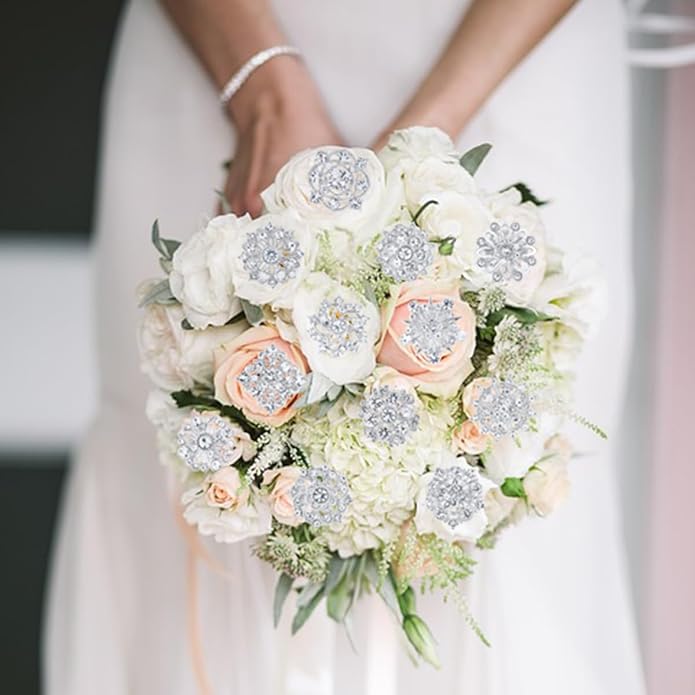 Assorted Small Size Crystal Rhinestone Flower Brooch Pins Set for Crafts Embellishment, Wedding Bouquet Brooches for Women Fashion