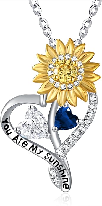 Zeuslia Double Birthstone Necklace Gifts for Wife - 925 Sterling Silver Sunflower/Rose/Crown Cross/Compass/Heart Pendant I Love You Necklace, Anniversary Birthday Gifts for Wife Girlfriend Mom Her
