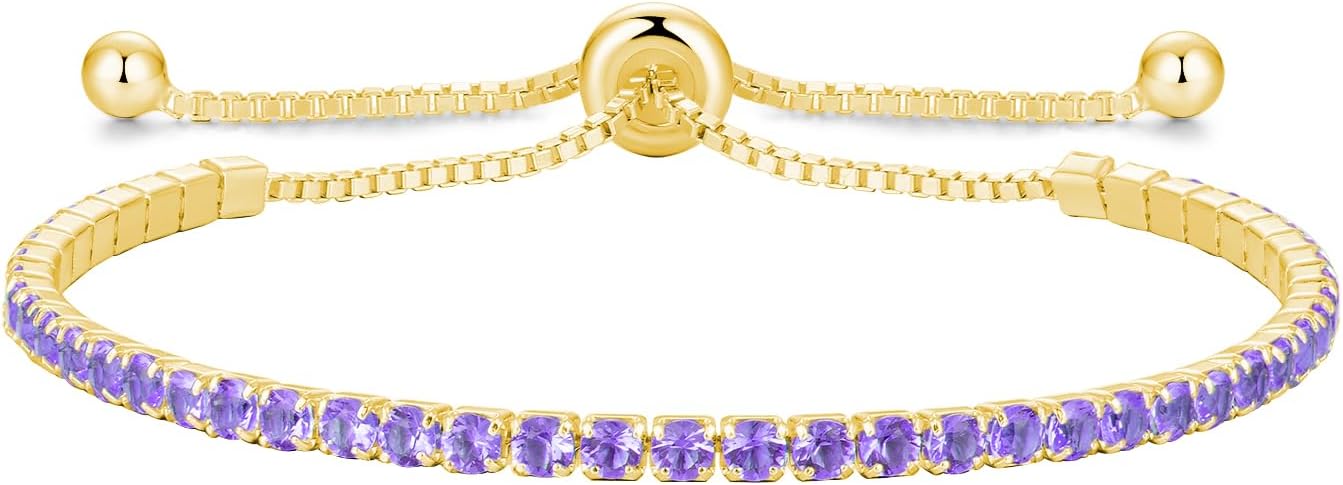 Sterling Silver Birthstone Tennis Bracelets for Women 2.5mm Tennis Bolo Bracelet Fashion Jewelry Birthday Gifts for Women Mom Wife | Adjustable Size 9"