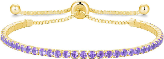 Sterling Silver Birthstone Tennis Bracelets for Women 2.5mm Tennis Bolo Bracelet Fashion Jewelry Birthday Gifts for Women Mom Wife | Adjustable Size 9"