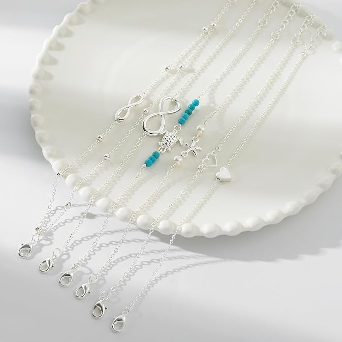 Starain 12Pcs Summer Beach Anklets for Women Waterproof Gold Silver Chain Ankle Bracelets Cute Women's Foot Anklet Set 7.9-10.5 inch Adjustable