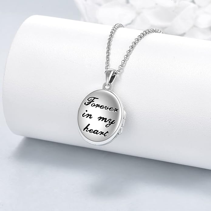 TIGER RIDER Sterling Silver Photo Locket Necklace That Holds Pictures Oval Shaped Photo Jewelry for Mother Daughter Wife