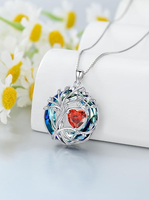 TOUPOP Christmas Gifts Tree of Life Birthstone Necklace 925 Sterling Silver Pendant Austrian Crystal Jewelry Anniversary Birthday Gifts for Women Mom Her Wife