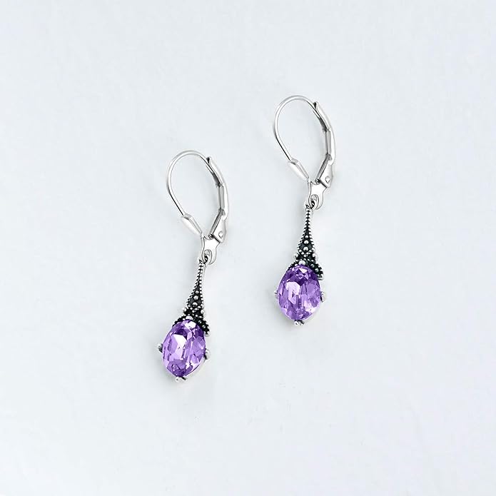 AOBOCO Vintage Earrings for Women Sterling Silver Retro Drop Dangle Leverback Earrings with 8x6mm Oval Genuine or Simulated Birthstone Crystal from Austria, Anniversary Jewelry Gifts for Her Women