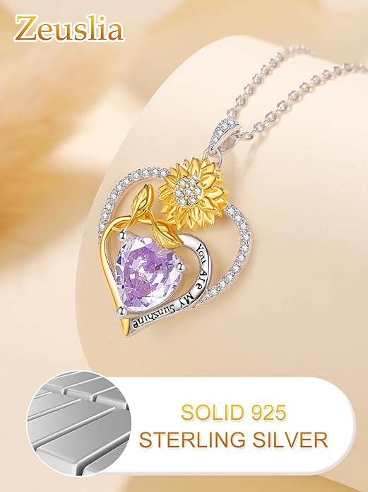Zeuslia Double Birthstone Necklace Gifts for Wife - 925 Sterling Silver Sunflower/Rose/Crown Cross/Compass/Heart Pendant I Love You Necklace, Anniversary Birthday Gifts for Wife Girlfriend Mom Her
