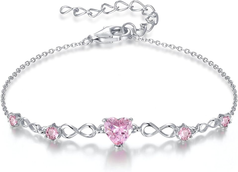 G&GEMSJEW Infinity Heart Birthstone Bracelets for Women, 925 Sterling Silver Women Charm Link Bracelet Adjustable, Birthday Anniversary Christmas Jewelry Gifts for Women Wife Mom Girlfriend Her