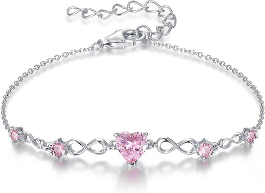 G&GEMSJEW Infinity Heart Birthstone Bracelets for Women, 925 Sterling Silver Women Charm Link Bracelet Adjustable, Birthday Anniversary Christmas Jewelry Gifts for Women Wife Mom Girlfriend Her