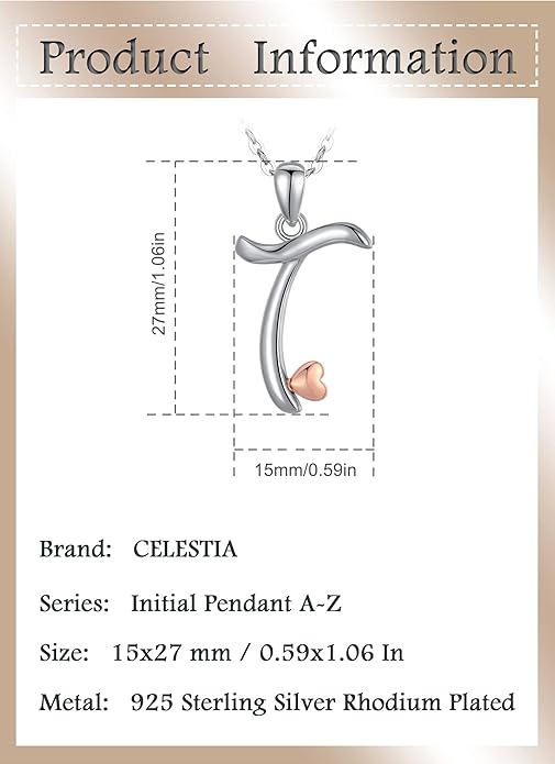 CELESTIA 925 Sterling Silver Initial Necklaces 26 Letter with Rose Gold Heart - 18 Inch Chain