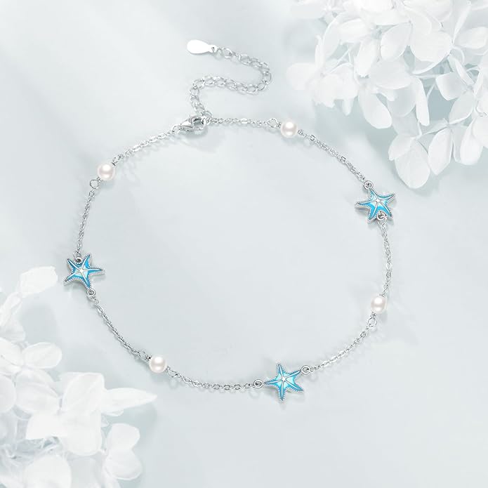 CRMAD Beach Starfish Anklet for Women Sterling Silver Moonstone Beach Anklet Irish Jewelry (starfish)
