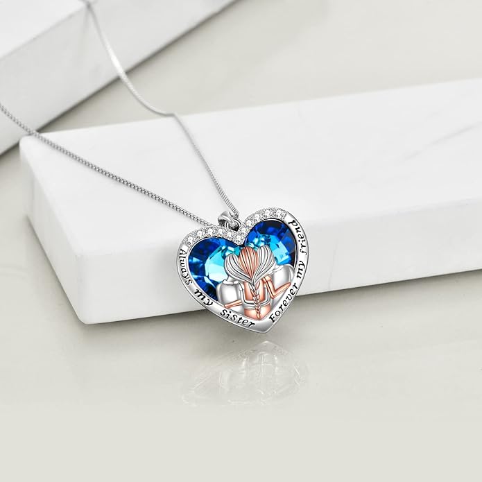 POPKIMI 925 Sterling Silver Sister Necklace - Birthday Gift for Sisters, Mom, Daughter - Always My Sister Forever My Friend Crystal Necklace for 2/3/4/5 Sisters