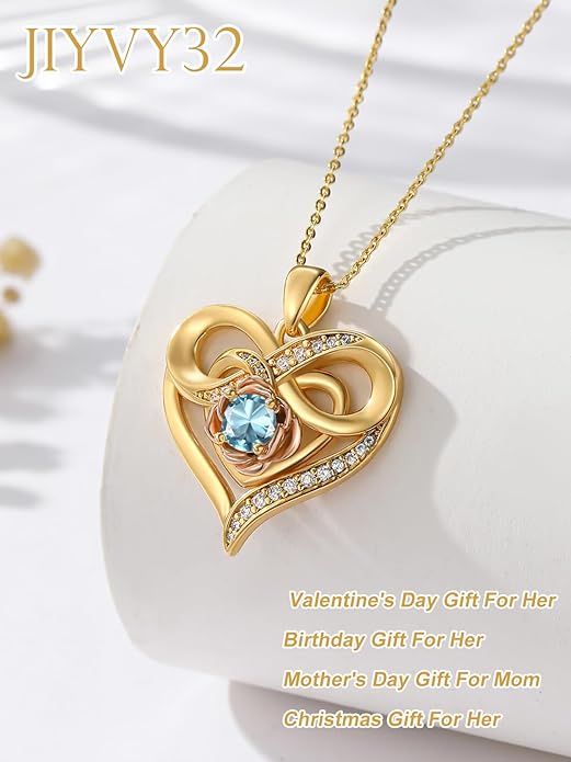 Infinite Heart Birthstone Necklaces for Women Gold Plated Pendant Wedding Anniversary Birthday Gift for Wife Her Mom Grandma Daughter Jewelry with Round Birthstone