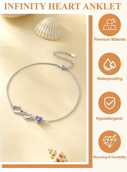 Custom4U Personalized Infinity Ankle Bracelets for Women 925 Sterling Silver Anklet Bracelet Endless Love Symbol Birthstone Charm Adjustable Foot Chain Jewelry Mothers Day Gifts for Mom Wife Women Her