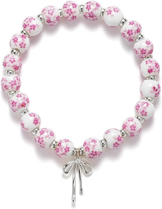 Beads Bow Charm Bracelet for Women Flower Vintage Bracelet Handmade Stretch Beaded Dainty Romantic Jewelry Gifts
