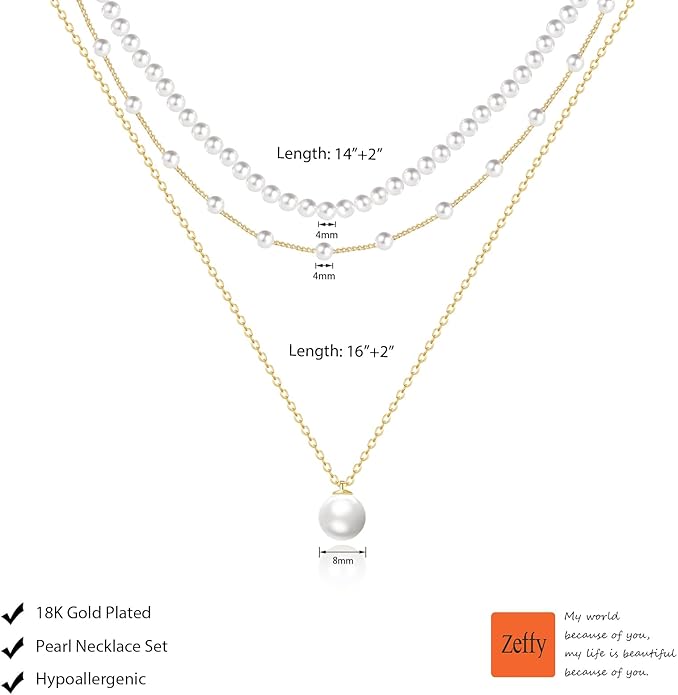 Zeffy Gold Pearl Necklace for Women, Dainty 14K Gold/Silve Plated Layered Pearl Choker Pearl Earrings Pearl Bracelets Wedding Trendy Gold Jewelry Set for Women Gifts
