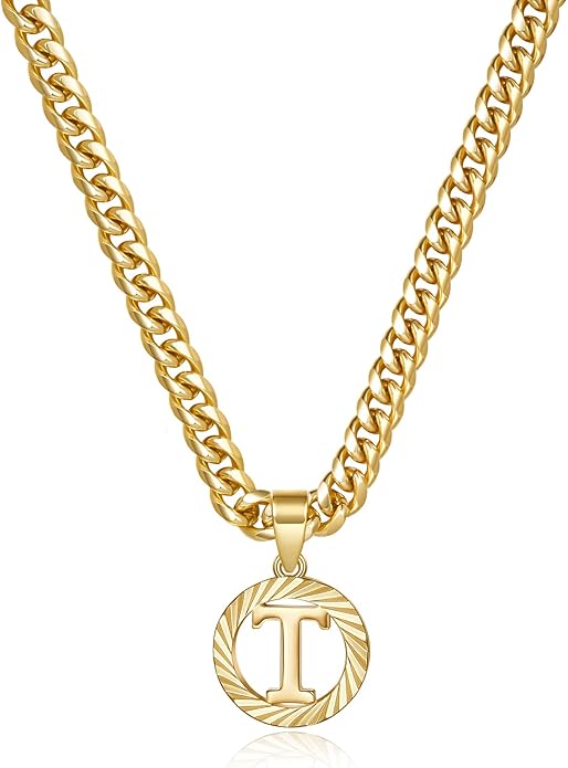 KissYan Gold Initial Necklace,14K Gold Plated Round Letter Pendant Hollow Capital Monogram 5mm Cuban Chain Necklace Alhpabets from A-Z Dainty Jewelry for Women Men