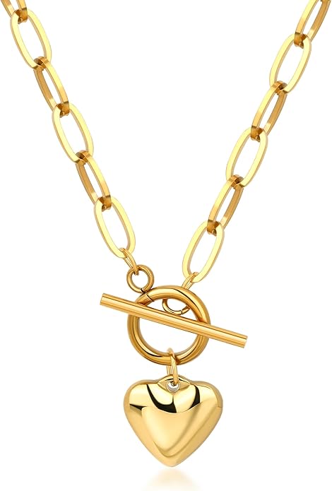Chunky Gold Necklace for Women, 18K Waterproof Heart Necklace Statement Necklace Gold Charm Necklace Chunky Jewelry Paperclip Chain Choker Gift for Women
