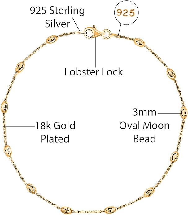 Savlano 18K Gold Plated Over 925 Sterling Silver Station Oval Moon Bead Anklet Chain For Women. Silver, Gold, Rose Gold - Made in Italy Comes With a Gift Box
