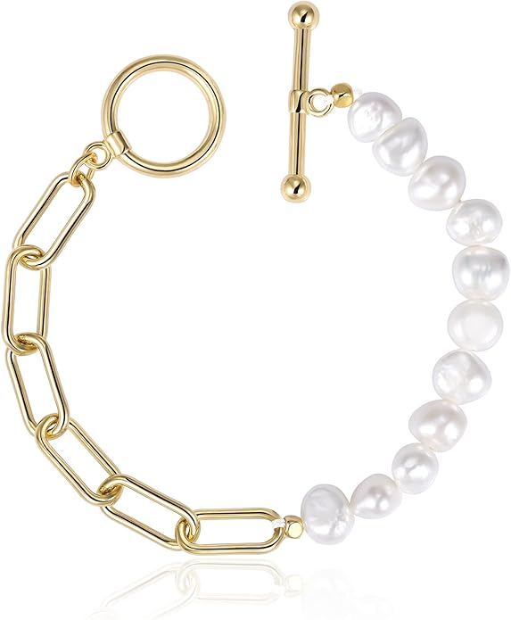 Cowlyn Pearl Bracelets for Women - Dainty 14K Gold Plated Beaded Pearl Link Chain Birthday Christmas Jewelry Gifts for Women