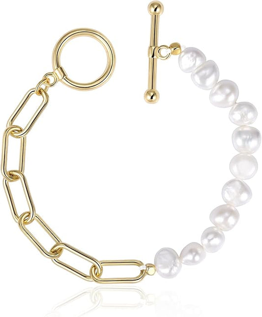 Cowlyn Pearl Bracelets for Women - Dainty 14K Gold Plated Beaded Pearl Link Chain Birthday Christmas Jewelry Gifts for Women