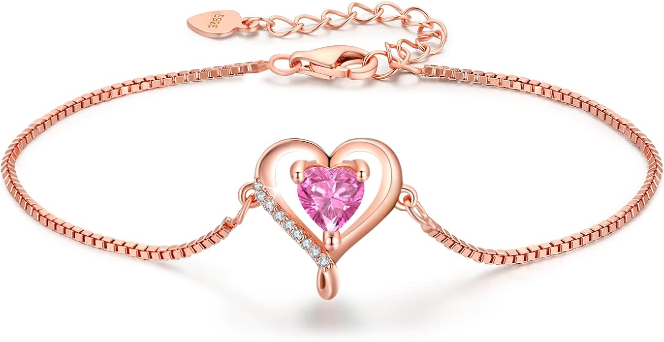 LAVUMO Love Heart Bracelets for Women 925 Silver Charm Birthstone Bracelet Adjustable Anniversary Birthday Jewelry Gifts for Women Girlfriend Wife Daughter Mom Her