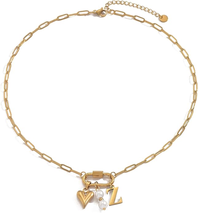 Gold Heart Initial Necklaces for Women 18K Gold Plated Dainty Pearl Letter Necklace Personalized Monogram Name A-Z Pendant Everyday Jewelry for Women