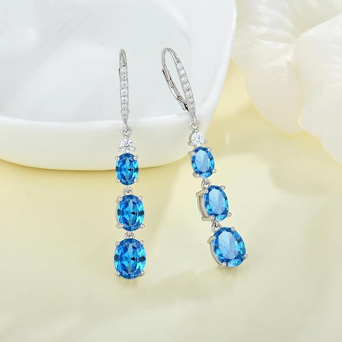 Women 925 Sterling Silver Birthstone 3-stone Leverback Drop Dangle Earrings 5A Cubic Zirconia Jewelry for Her