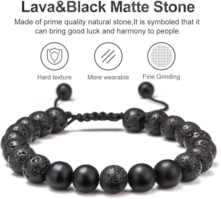 M MOOHAM Natural Stone Bracelets for Men - 8mm Tiger Eye, Matte Agate, Lava Rock - Teen Boys Gifts for Birthday, Anniversary, Christmas
