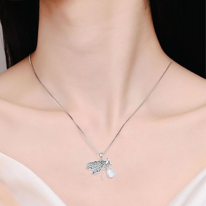 Vintage Dragonfly Necklace 925 Sterling Silver Genuine Moonstone Pendant Mystical Boho Jewelry Birthday Gift for Women