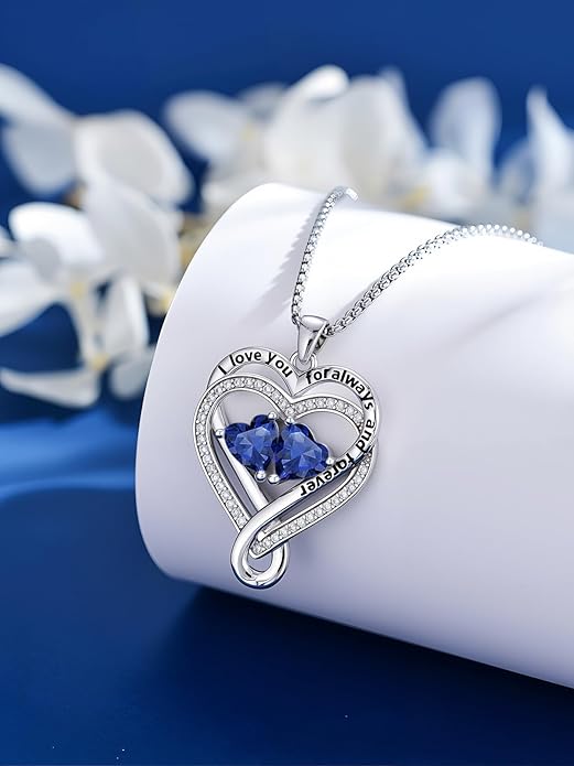 I Love You for Awlays and Forever Double Heart Necklace with Birthstone, 2 Birth Stone Jewelry Anniversary Valentines Mothers Day Christmas Birthday Gifts for Women Her Wife Girlfriend Mom Mother