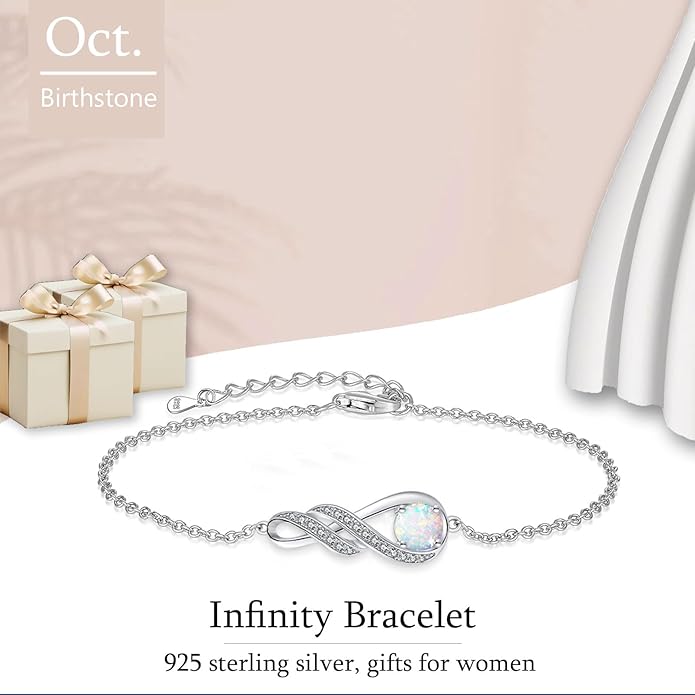 Birthstone Bracelets for Women 925 Sterling Silver Created Gemstone Bracelet Infinity Pendant Jewelry for Her, 6.7"+1.2"