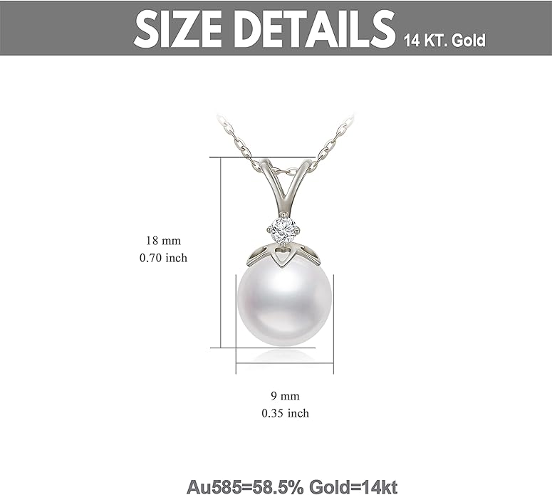 14K Gold Pearl Necklace for Women, 9mm White Freshwater Cultured Pearl Love Heart Pendant Necklace Jewelry Anniversary Present for Women, Girls 16+2 Inch
