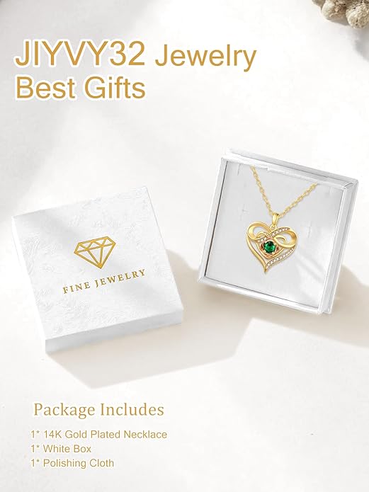 Infinite Heart Birthstone Necklaces for Women Gold Plated Pendant Wedding Anniversary Birthday Gift for Wife Her Mom Grandma Daughter Jewelry with Round Birthstone