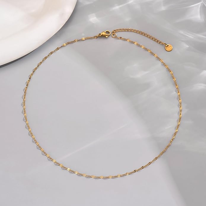 Dainty Chain Necklace for Women, 18K Gold Plated Coin Disc Choker Necklaces Simple Satellite Beaded Twisted Thin Paper Clip Chain Everyday Jewelry Gifts