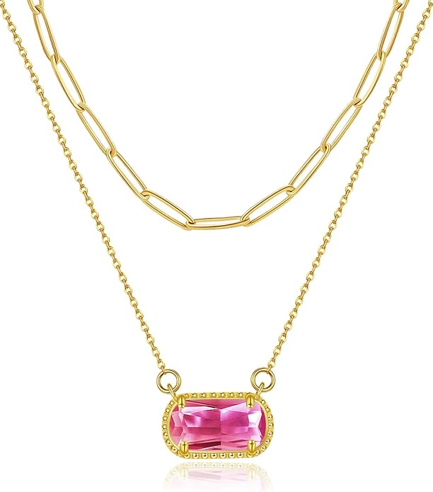 Lourny Gemstone Birthstone Pendant Layered Necklace for Women Trendy, 18K Gold Plated Paperclip Chain Preppy Choker Charm Necklace for Women Wife Jewelry