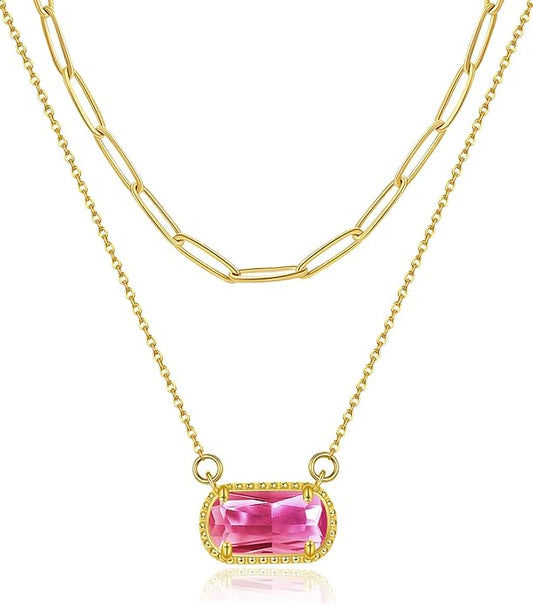 Lourny Gemstone Birthstone Pendant Layered Necklace for Women Trendy, 18K Gold Plated Paperclip Chain Preppy Choker Charm Necklace for Women Wife Jewelry