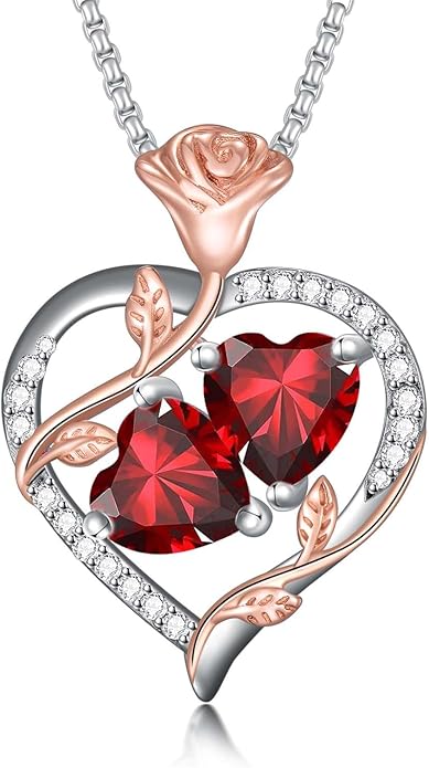 Christmas Gifts for Women Rose Heart Birthstone Pendant Necklace I Love You Forever Jewelry Valentine Mothers Day Birthday Gifts for Women Her Wife Girlfriend