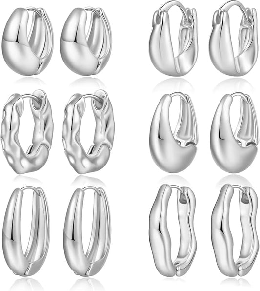 6 Pairs Gold Hoop Earrings Set for Women, 14K Gold Plated Huggie Chunky Earring Variety Pack, Hypoallergenic Thick Jewelry Gift