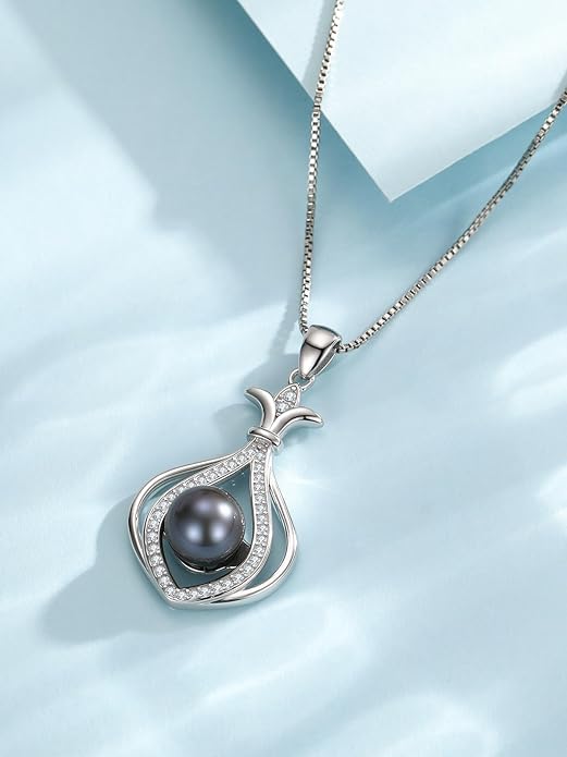 KANNSOAR Tahitian Black Pearl AAAA 18K Gold Plated Sterling Silver Trendy Pendant Necklace for Women Wife Mom Girlfriend Valentine Her Jewelry Gift for Anniversary Birthday Christmas