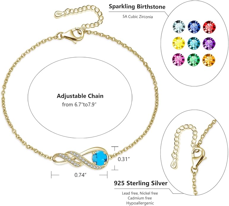 Birthstone Bracelets for Women 925 Sterling Silver Created Gemstone Bracelet Infinity Pendant Jewelry for Her, 6.7"+1.2"