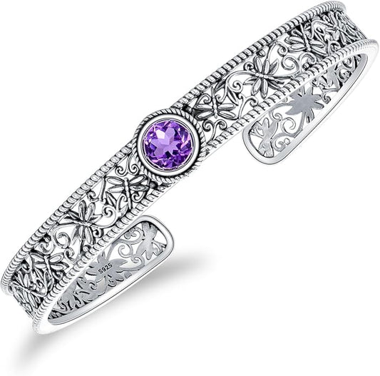 Vintage Dragonfly Filigree Cuff Bracelet, 925 Sterling Silver Adjustable Natural Gemstone Bangle, Boho Insect Jewelry Gift for Women