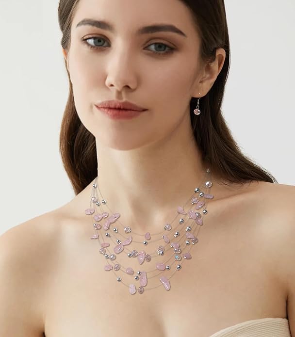 Multi-Layer Boho Shell Beaded Necklace for Women Colorful Crystal Strand with Silver Beads Statement Collars Necklace and Earrings Costumes Jewelry Sets for Women