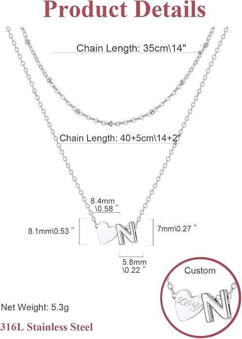 FOCALOOK Layered Initial Necklace for Women, 14K Gold Plated Choker Necklaces Stacks with Initial A-Z, Dainty Silver Heart Pendant Necklace Personalized Birthday Women Jewelry