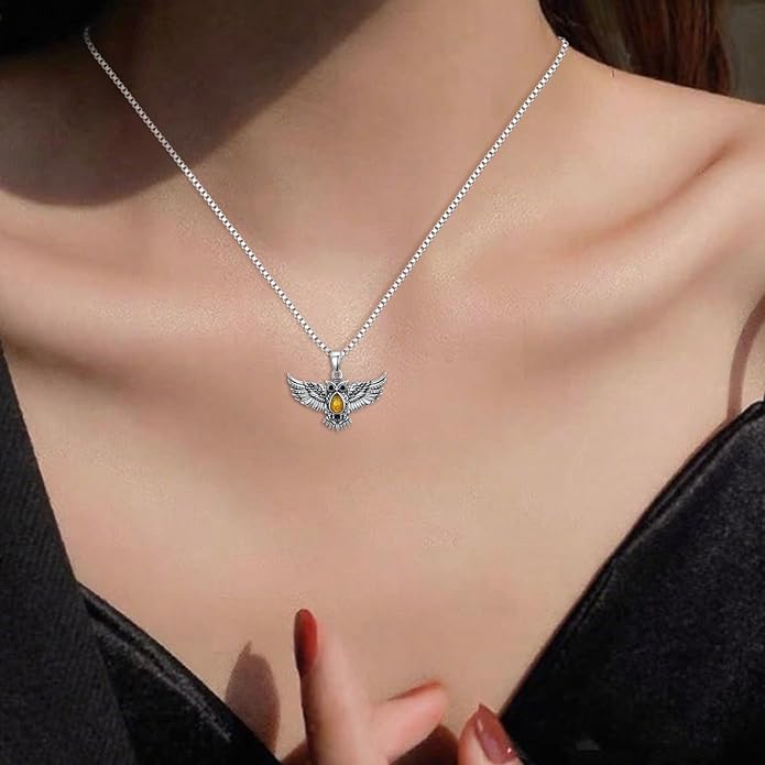Genuine Amber Flying Hawk Eagle Necklace 925 Sterling Silver vintage Natural Gemstone Animal Wing Teardrop Jewelry for Women Eagle Lover