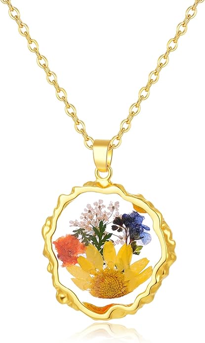 Birth Flower Necklaces for Women,1-12 Month Real Pressed Flower Necklace,Boho-Style Personalized Jewelry, Handmade Floral Pendant,Thoughtful Gift for Christmas,Birthday|18"