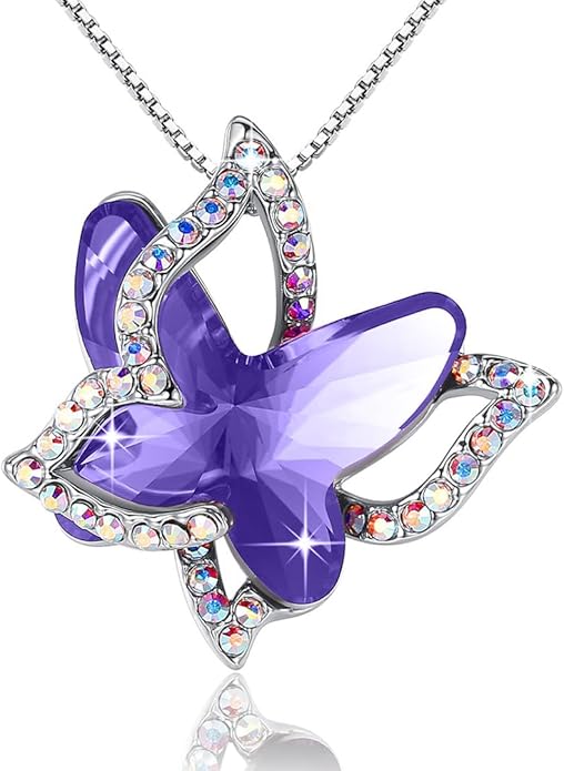 Gift Butterfly Birthstone Crystal Necklace, Silver Tone with 18”+2” Chain, Necklace for Mother’s Day Anniversary Birthday Gifts for Women and Daughter