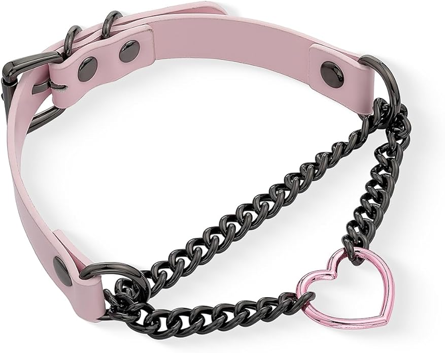 Black/Pink Leather Choker Necklace For Women, Handmade Adjustable Chain Collar with Metallic Heart Ring