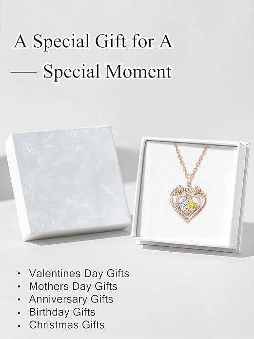 JIYVY32 Rose Heart Necklace for Women Exquisite 925 Sterling Silver Anniversary Birthday Gifts for Wife Mom Her Double Birthstone Pendant Jewelry